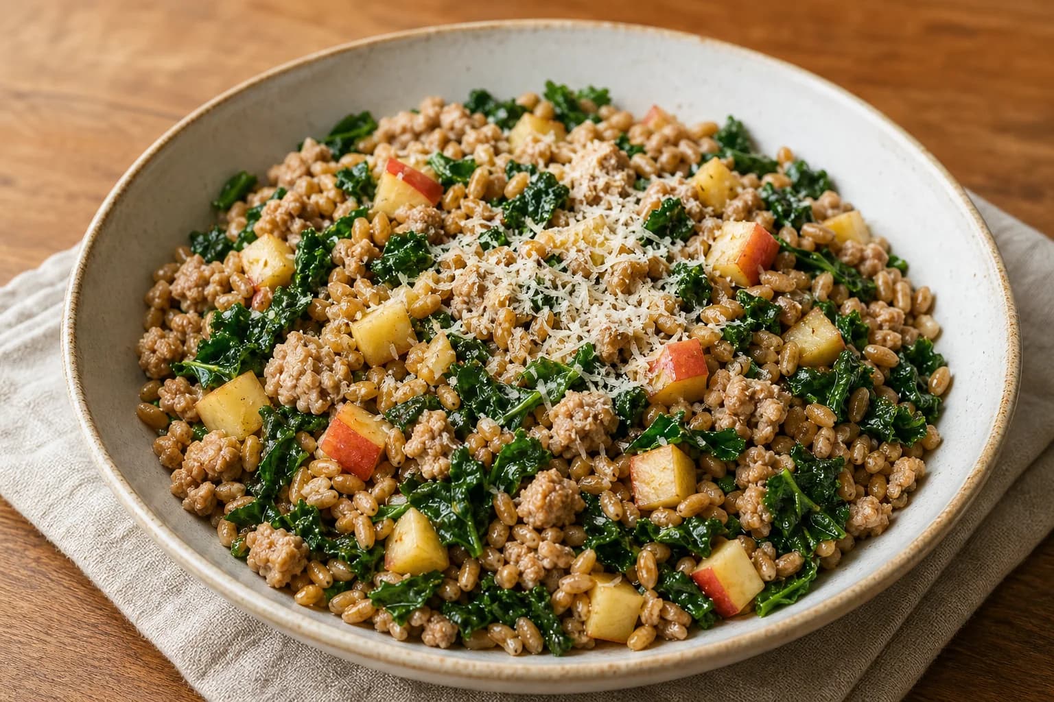 Shallow white bowl of sage turkey with apple farro: pearled farro mixed with browned ground turkey, diced red-skinned apple cubes, chopped dark kale and a sprinkle of grated Parmesan, glossy finish, on a neutral cloth and wooden table.