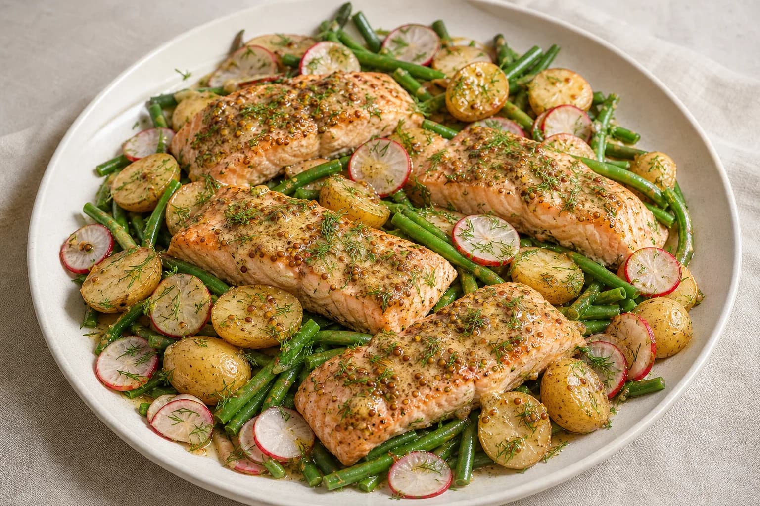 Platter with four roasted mustard‑herb salmon fillets on a bed of halved baby potatoes and green beans, garnished with thin radish slices, whole‑grain mustard sauce and fresh dill.