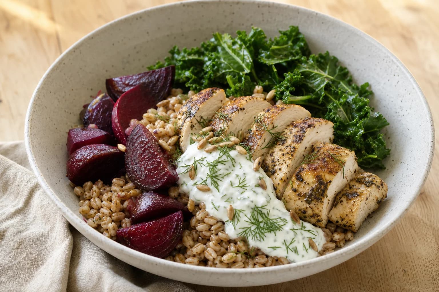 A single bowl of dill chicken with beet barley: sliced browned chicken breast over a bed of barley, beet wedges and baby kale, topped with a dollop of dill-flecked yogurt and toasted sunflower seeds.