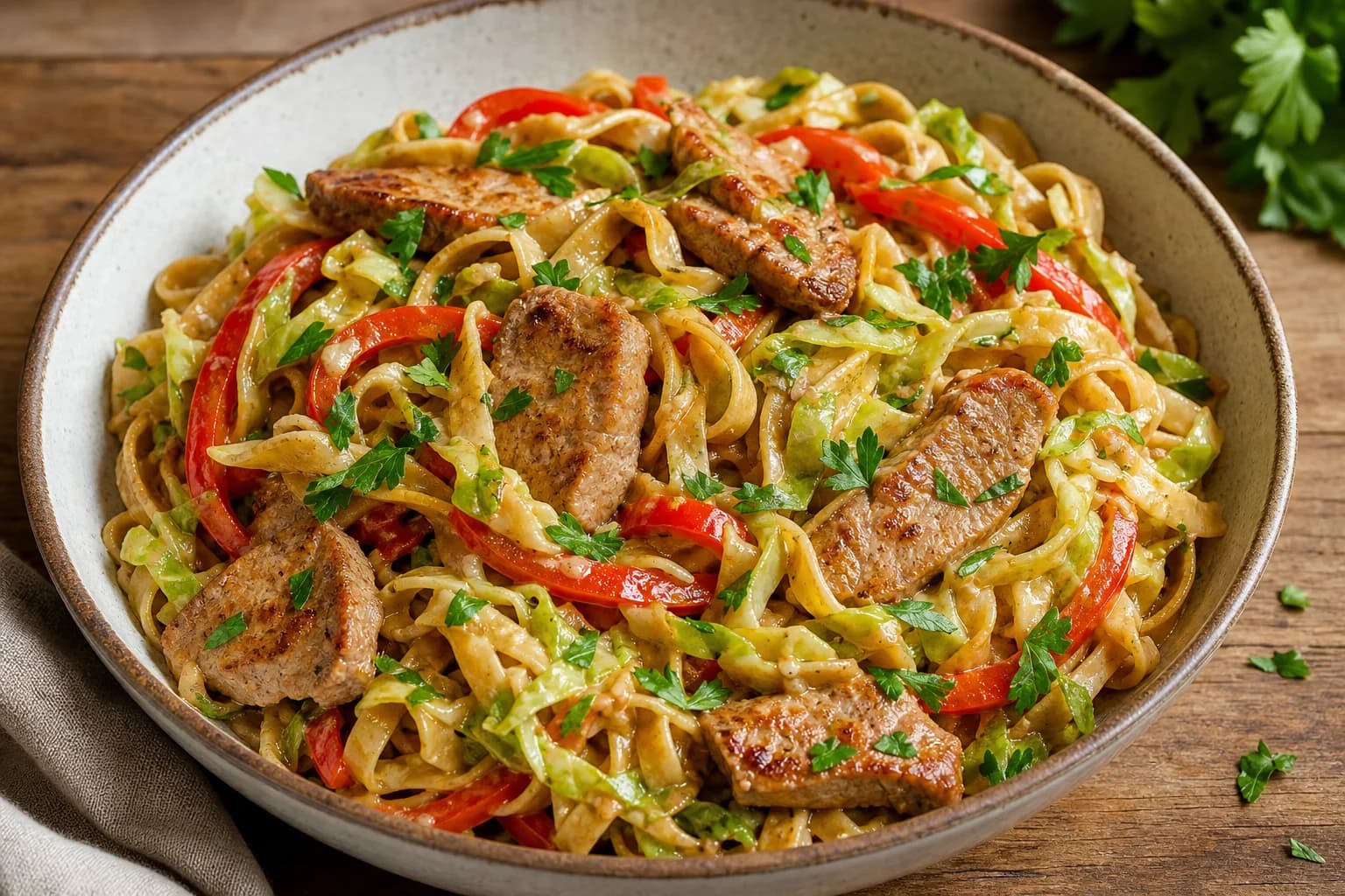 Shallow ceramic bowl of paprika pork with cabbage noodles: seared pork medallions tossed with whole‑wheat egg noodles, thinly sliced green cabbage and red bell pepper strips in a glossy sauce, finished with chopped parsley, on a wooden surface.