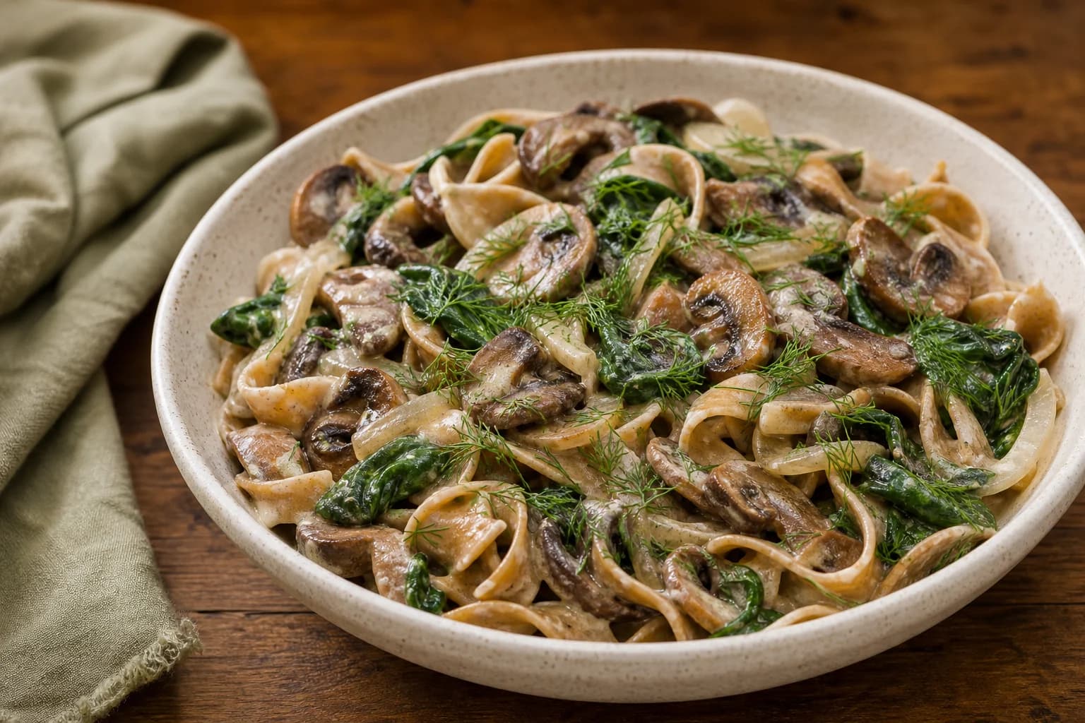 Bowl of mushroom stroganoff: whole‑wheat egg noodles tossed with browned sliced mushrooms, translucent onion slices, wilted spinach and a glossy creamy sauce, finished with sprigs of fresh dill on a wooden surface.