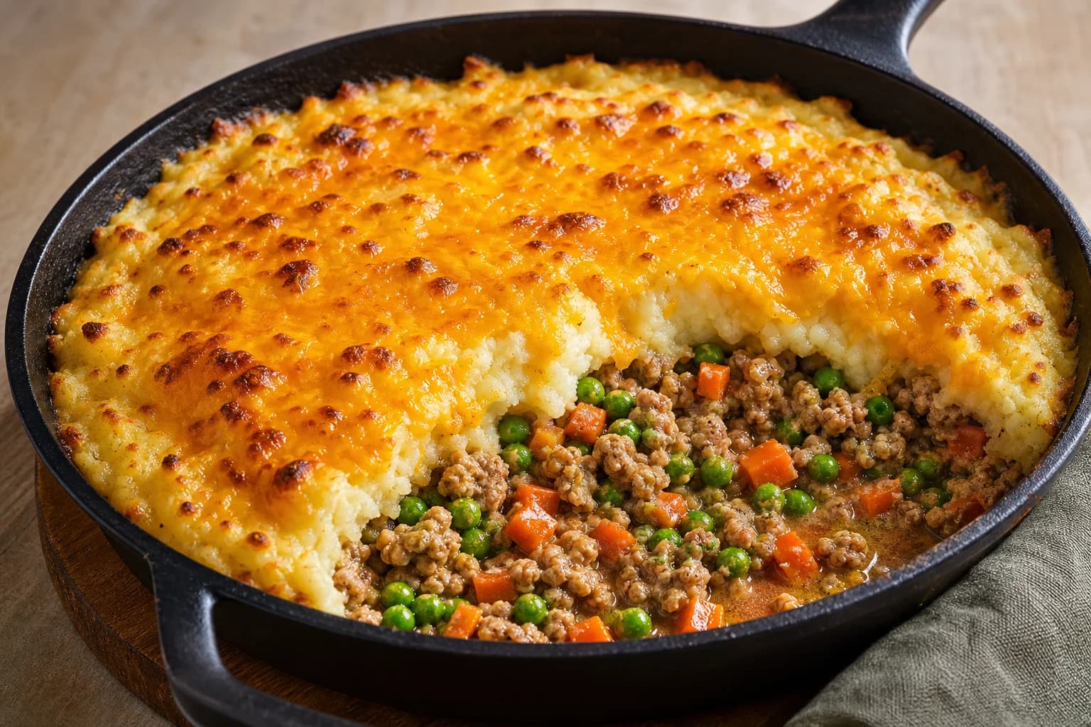 Three-quarter view of a cast-iron skillet cottage pie with a golden-browned cheddar and mashed potato topping; a wedge removed reveals ground turkey, green peas and diced carrots in a saucy filling.