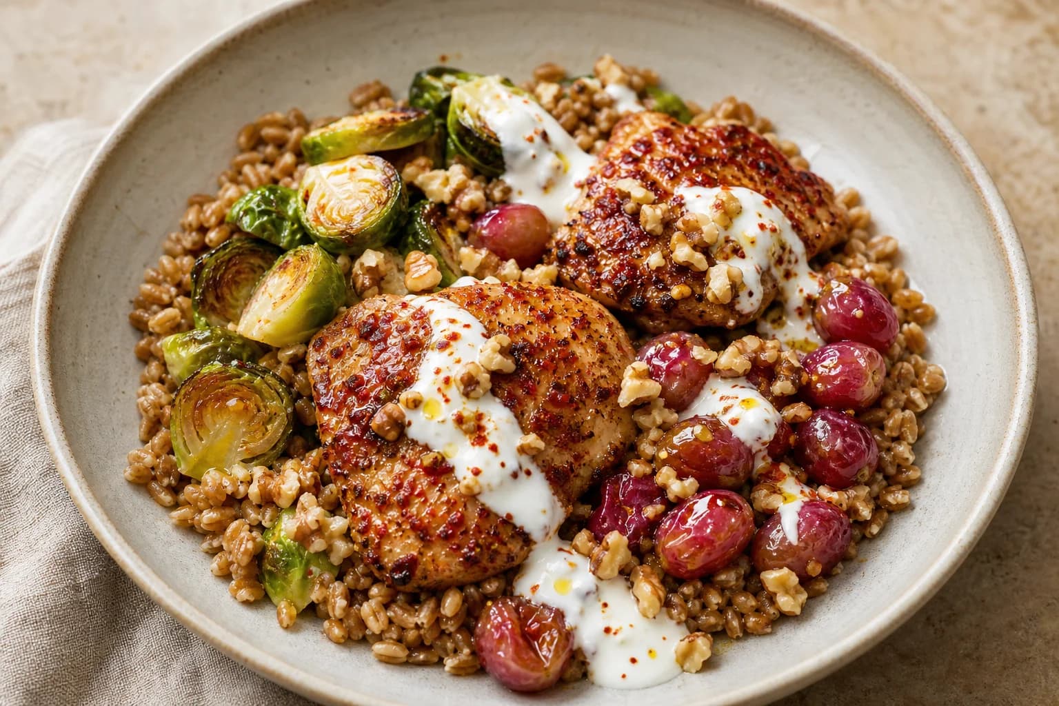 Bowl of pearled farro topped with two Aleppo-spiced roasted chicken thighs, roasted red grapes, halved Brussels sprouts, dollops of yogurt and chopped toasted walnuts.