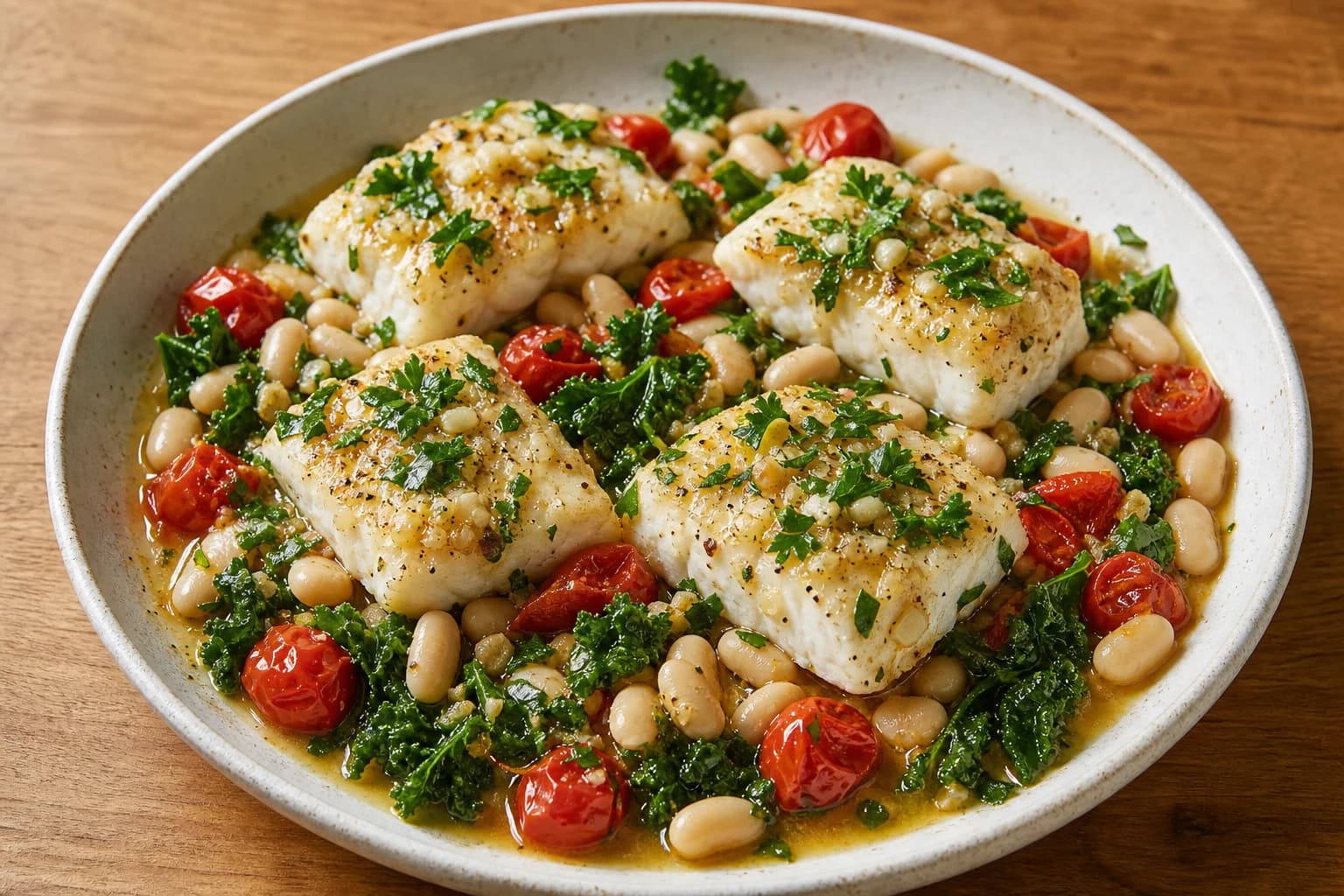 Shallow bowl of roasted garlic cod and white beans: four roasted cod fillets on a bed of cannellini beans, roasted cherry tomatoes and baby kale, finished with chopped parsley and a glossy garlic-lemon sauce, on a wooden surface.