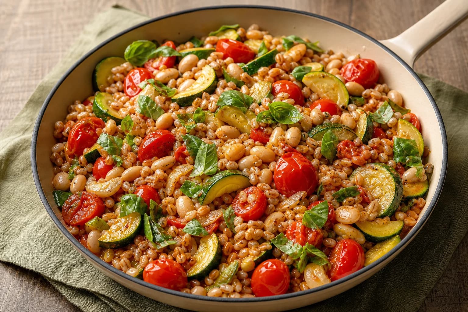Skillet of basil white bean and zucchini skillet with farro, cannellini beans, zucchini half-moons, cherry tomatoes, and fresh basil leaves, served in a light-colored pan on a cloth.