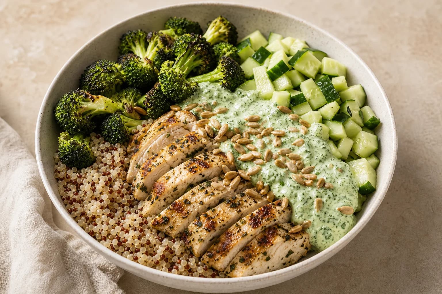 Single Green Goddess chicken grain bowl: sliced herby grilled chicken over tri-color quinoa with browned broccoli florets, diced cucumber, creamy green herb dressing and toasted sunflower seeds in a neutral shallow bowl.