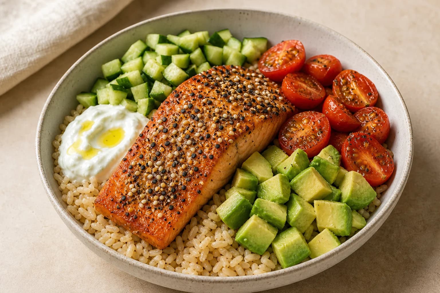 Single bowl with brown rice, an everything-seasoned salmon fillet, diced cucumber, halved cherry tomatoes, diced avocado, and a spoonful of Greek yogurt drizzled with olive oil on a neutral surface.