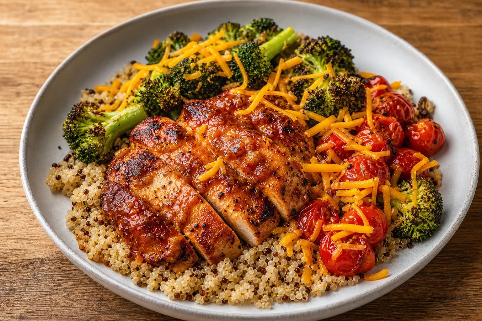 Single plate of sliced smoky glazed chicken thigh atop a bed of quinoa with roasted broccoli florets, blistered cherry tomatoes and shredded cheddar on a light ceramic plate