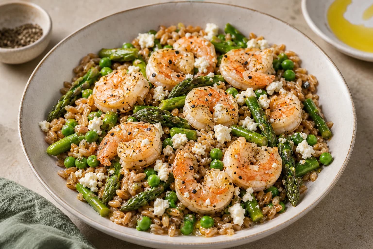 Bowl of lemon pepper shrimp and pearled farro with asparagus pieces, green peas and crumbled feta, shrimp topped with coarsely ground black pepper and a glossy sauce.