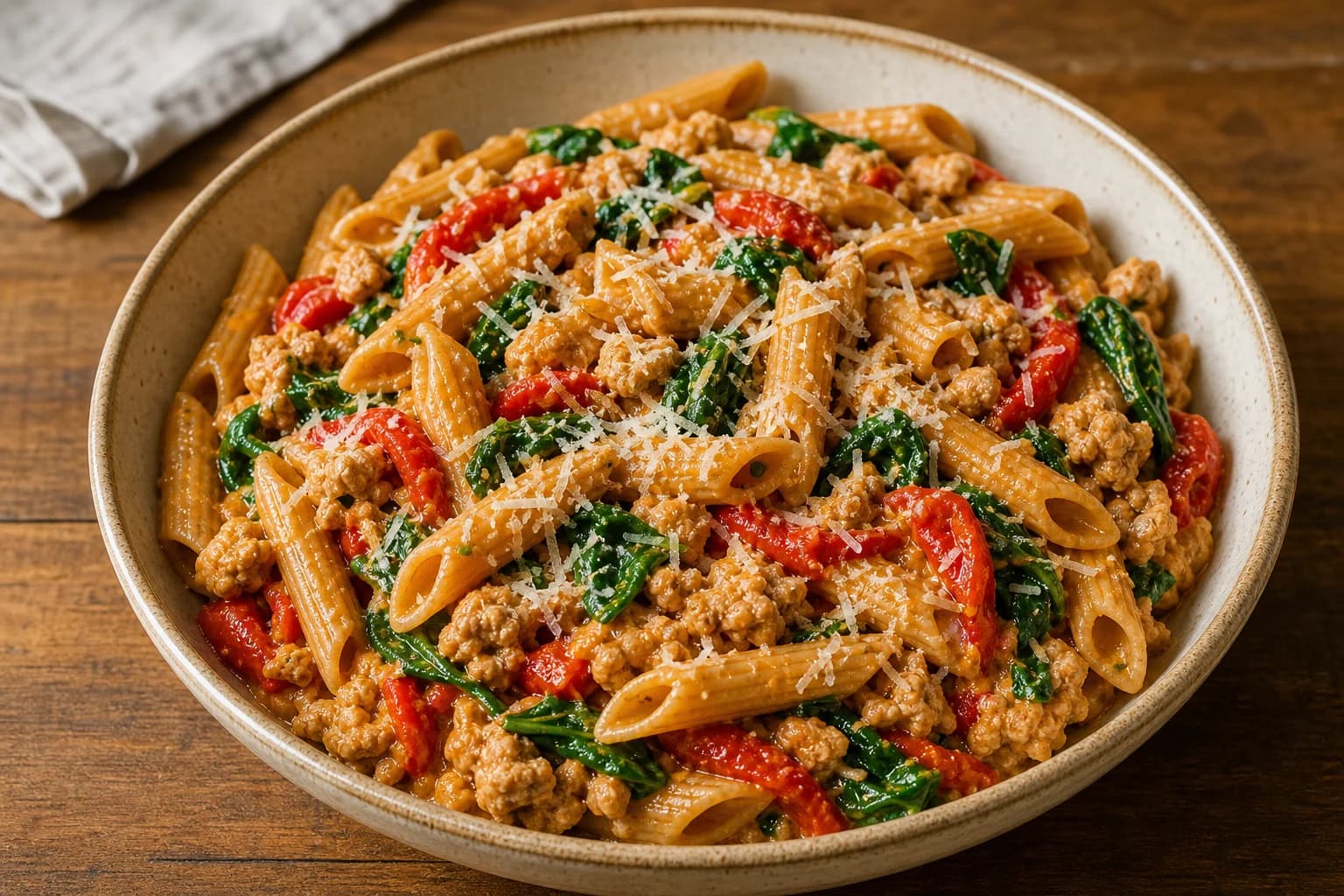 Bowl of roasted red pepper turkey penne: whole-wheat penne tossed with crumbled turkey, roasted red pepper strips, wilted spinach and a glossy red-pepper cream sauce, finished with grated Parmesan, on a wooden surface.