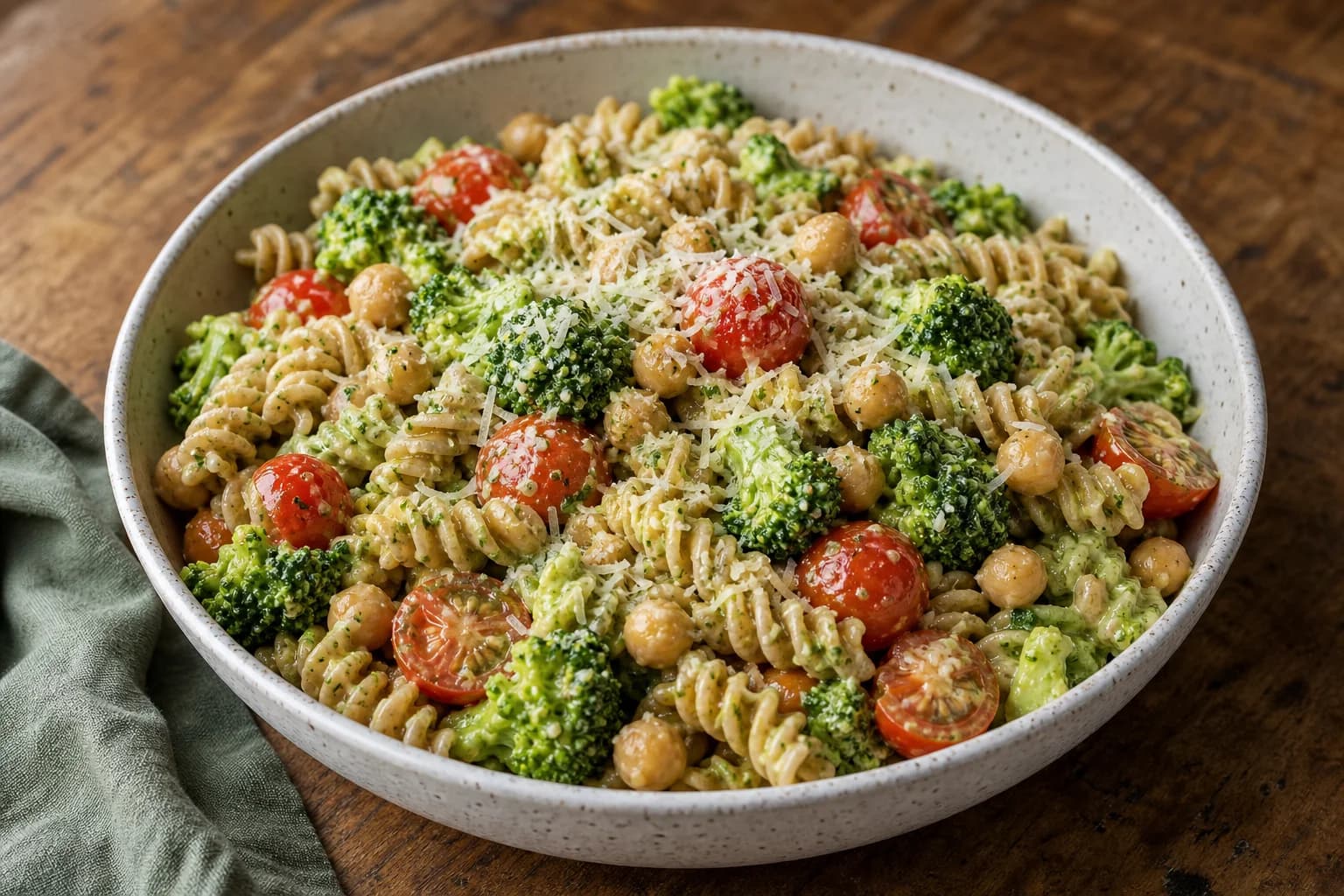 Bowl of creamy pesto-coated whole-wheat rotini with chickpeas, broccoli florets, cherry tomatoes, and grated Parmesan on a wooden table