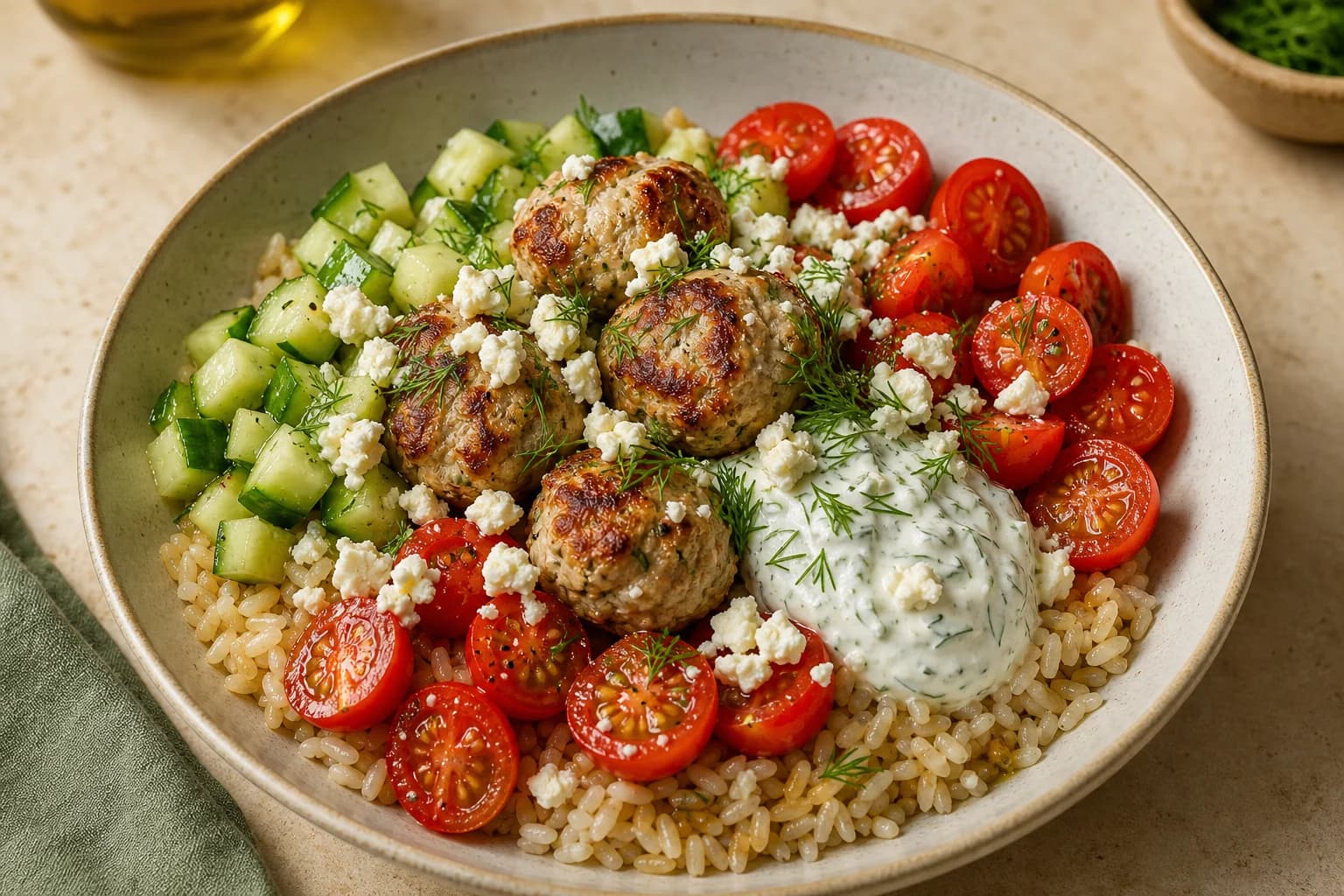 Single bowl of lemon-dill turkey meatball bowl: brown rice base topped with five browned turkey meatballs, diced cucumber, halved cherry tomatoes, a dollop of dill Greek yogurt, crumbled feta, and fresh dill, on a neutral surface with natural light.
