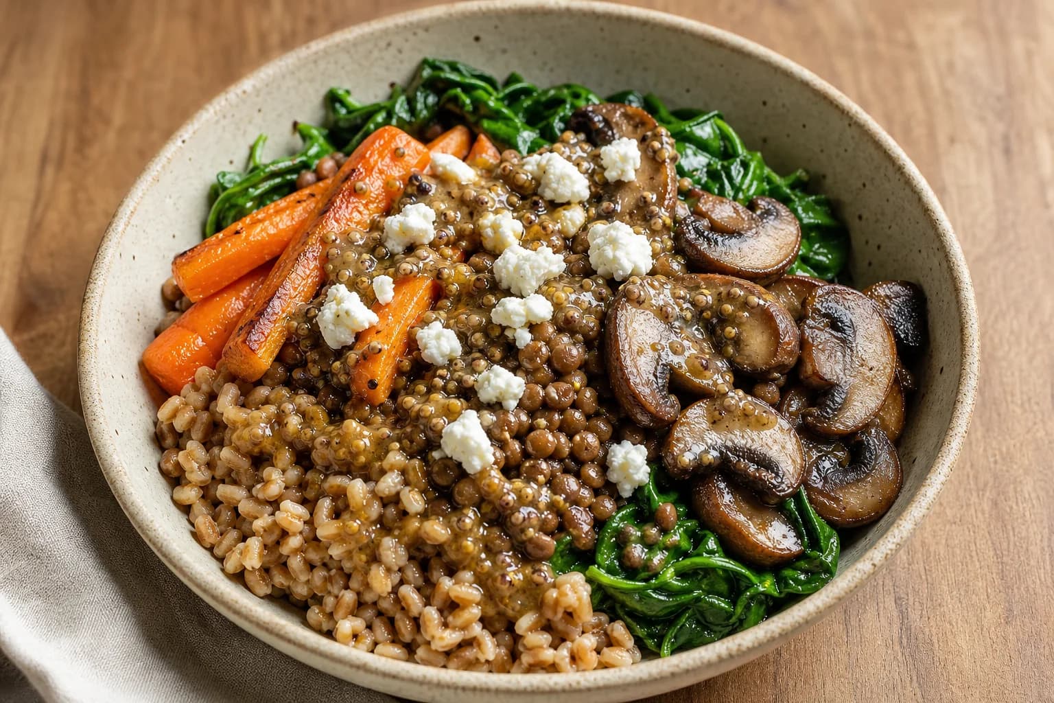 Three-quarter overhead view of a single bowl of balsamic mushroom lentil bowl: pearled farro, brown lentils topped with a mustardy balsamic dressing, sautéed sliced cremini mushrooms, roasted carrot batons, wilted spinach and crumbled goat cheese, on a wooden surface.