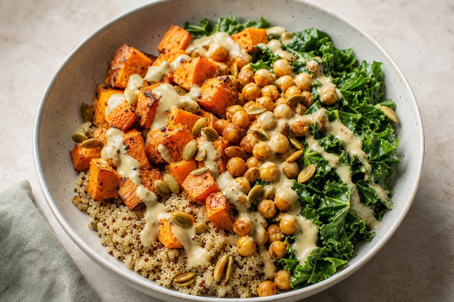 Single bowl of Tahini sweet potato quinoa: quinoa base topped with cubed roasted sweet potatoes, crispy roasted chickpeas, fresh kale, drizzled tahini sauce and toasted pumpkin seeds.