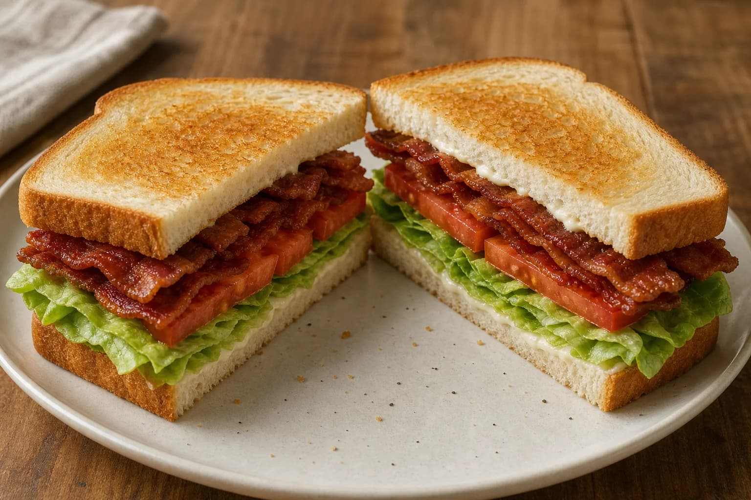 Classic BLT on toasted sandwich bread with crisp bacon, ripe tomato, dry lettuce, and a thin layer of garlic mayonnaise.