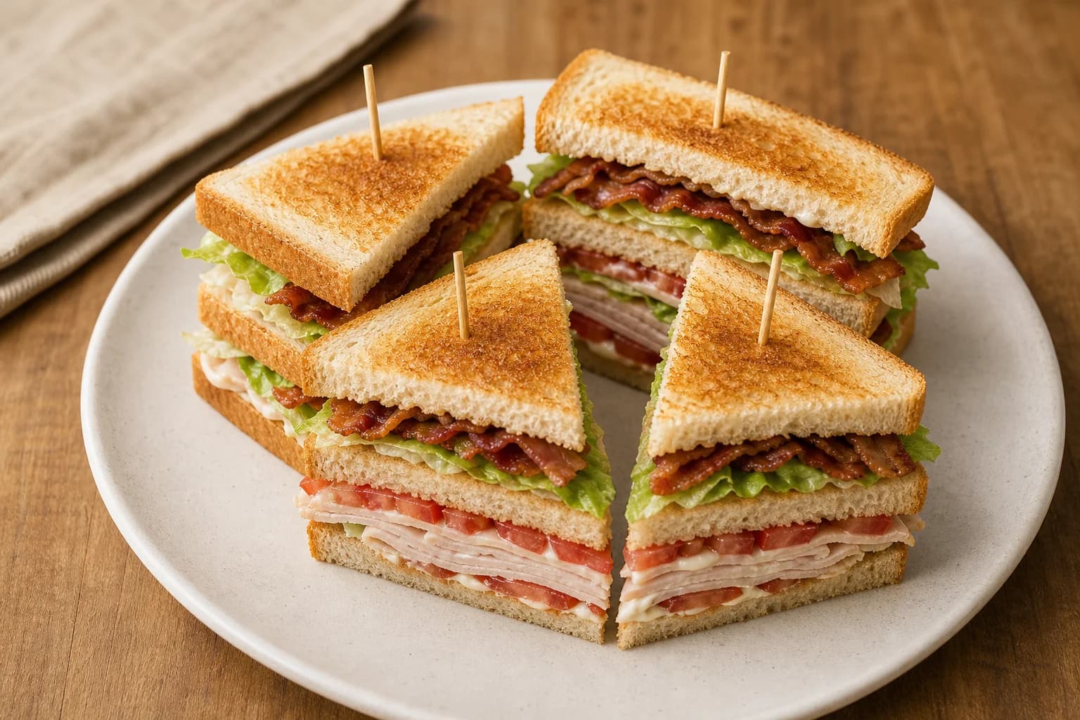 Turkey club sandwich cut into four triangles with three toast layers, turkey, bacon, lettuce, tomato, mayonnaise, and sandwich picks.