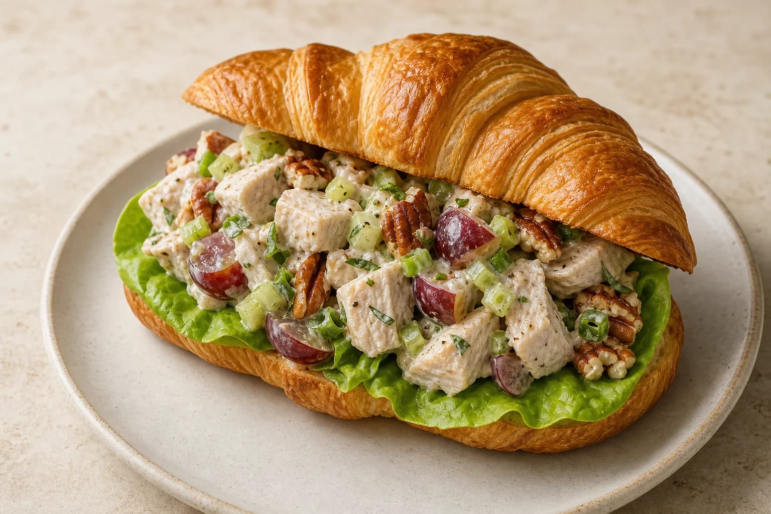 Chicken salad croissant with cubed roasted chicken, celery, grapes, scallions, tarragon, pecans, and dry lettuce in a crisp croissant.
