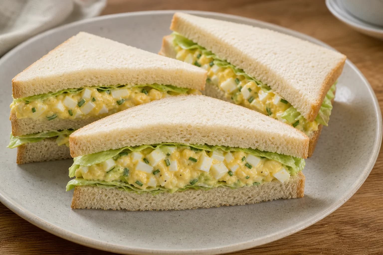 Egg salad sandwich on soft bread with creamy yolk dressing, chunky egg whites, celery, chives, butter, and dry lettuce.