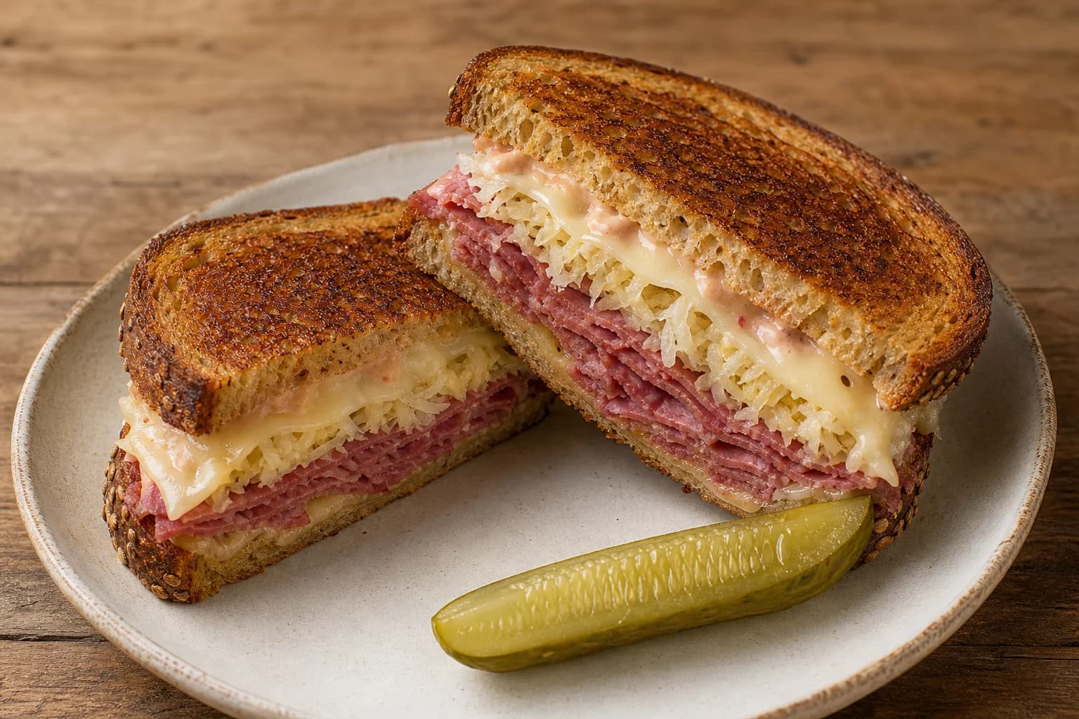Reuben sandwich with deep-golden rye, hot corned beef, squeezed sauerkraut, molten Swiss, and Russian dressing.