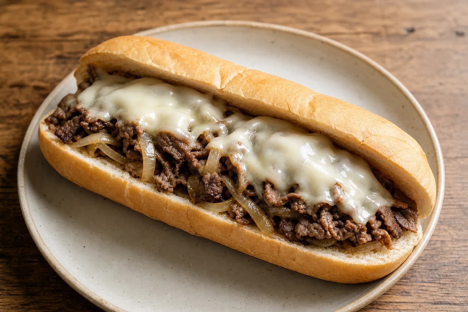 Philadelphia cheesesteak with chopped ribeye, browned onions, molten provolone, and a soft long roll.