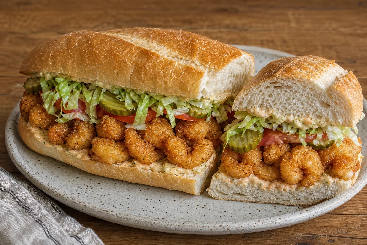 New Orleans shrimp po'boy fully dressed with crisp fried shrimp, rémoulade, lettuce, tomato, and pickles in light crackly bread.