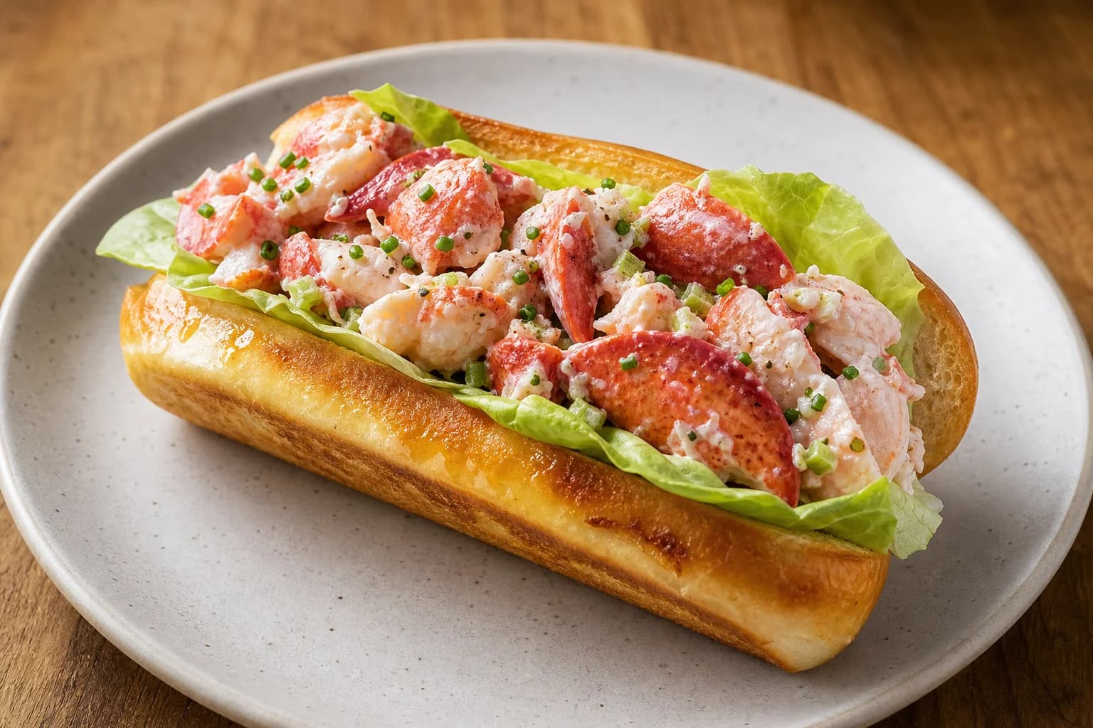 Maine lobster roll with recognizable chilled claw, tail, and knuckle pieces lightly dressed in a golden butter-griddled top-split roll.