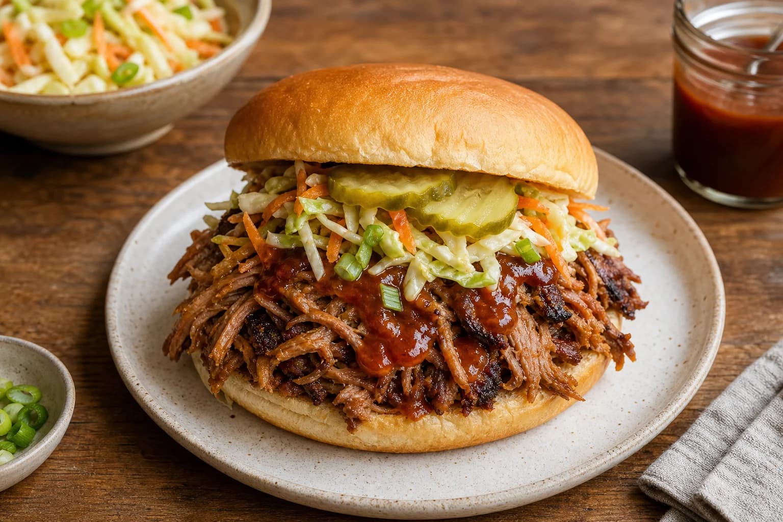 Southern-style pulled pork sandwich with bark-edged pork, tangy sauce, drained vinegar slaw, and pickles on a warm bun.