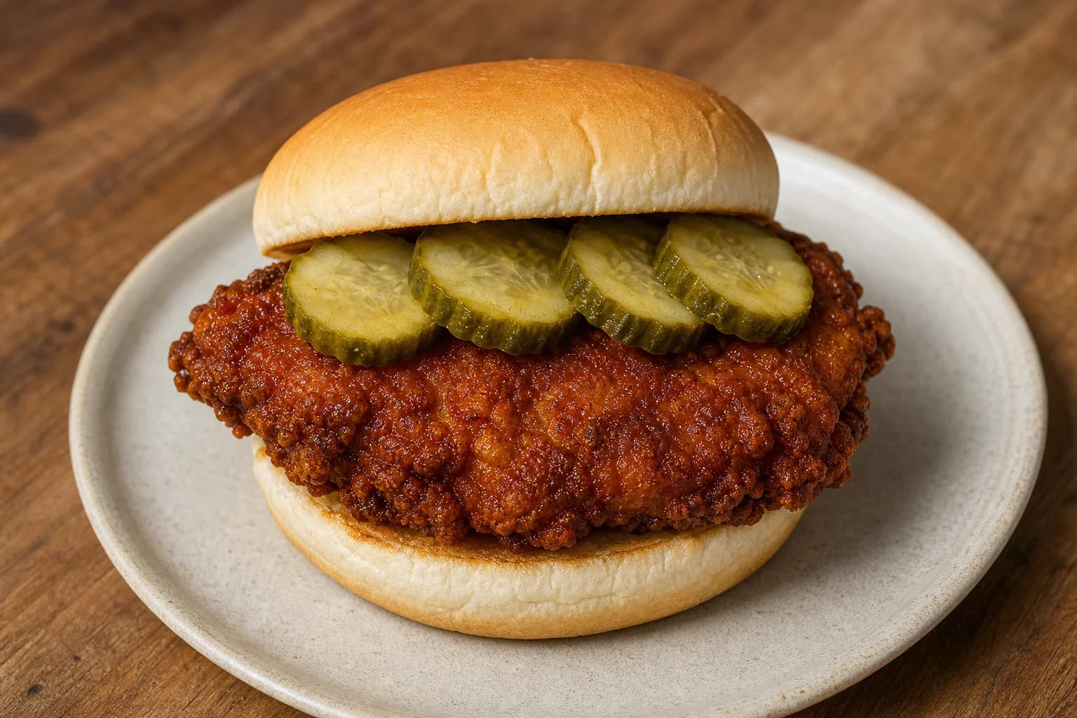 Nashville hot chicken sandwich with deep-golden cayenne-oiled fried thigh, cold pickle chips, and a soft bun.