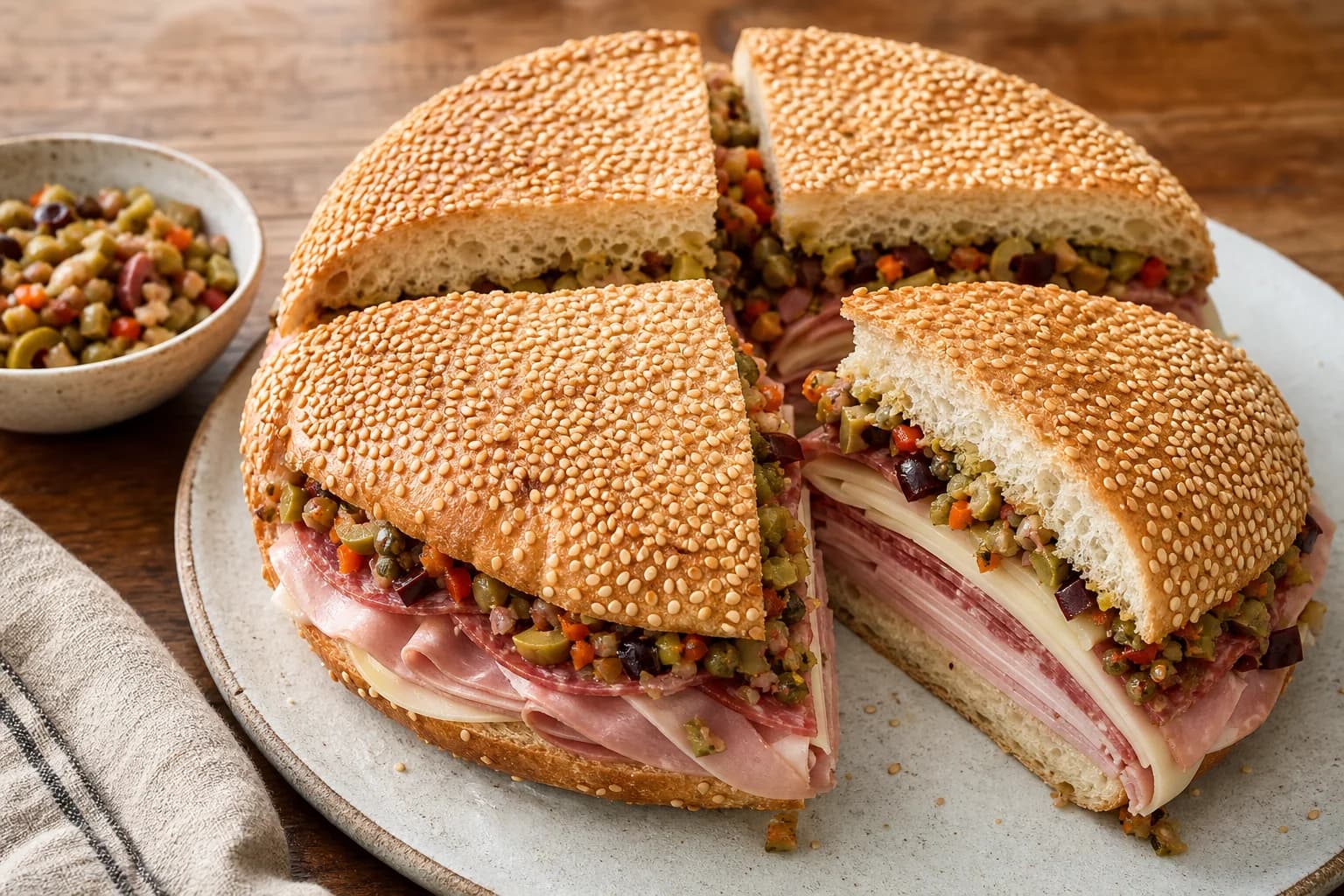 New Orleans muffuletta wedge with sesame loaf, olive salad, mortadella, salami, ham, provolone, and Swiss in loose layers.