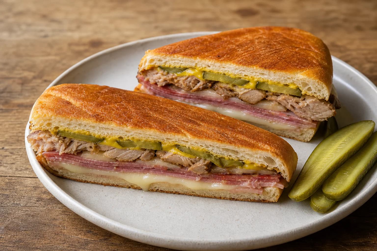 Tampa Cuban sandwich pressed thin with roast pork, ham, Genoa salami, Swiss, mustard, and pickles in crisp Cuban bread.