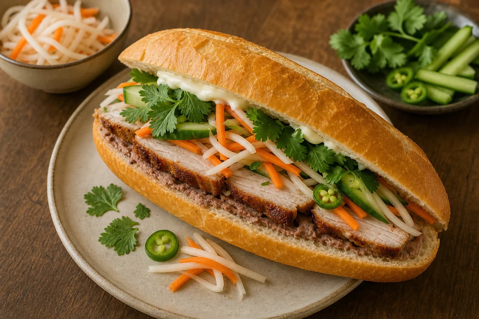 Roasted pork bánh mì with crackly light baguette, thin five-spice pork, pâté, mayonnaise, daikon-carrot pickle, cucumber, cilantro, and jalapeño.