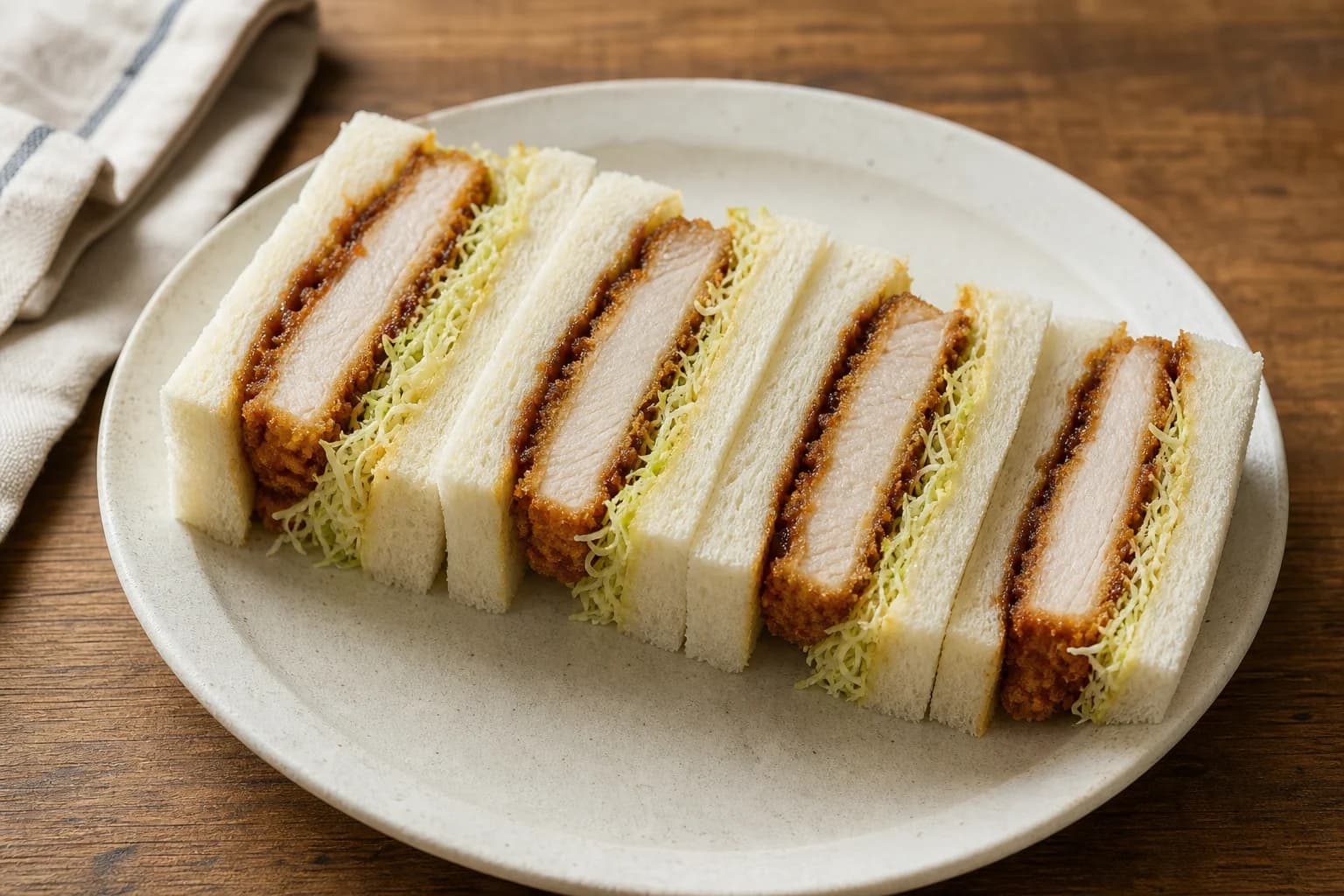 Japanese chicken katsu sando with pillowy crustless shokupan, crisp panko chicken, fine cabbage, mustard, butter, and tonkatsu sauce.