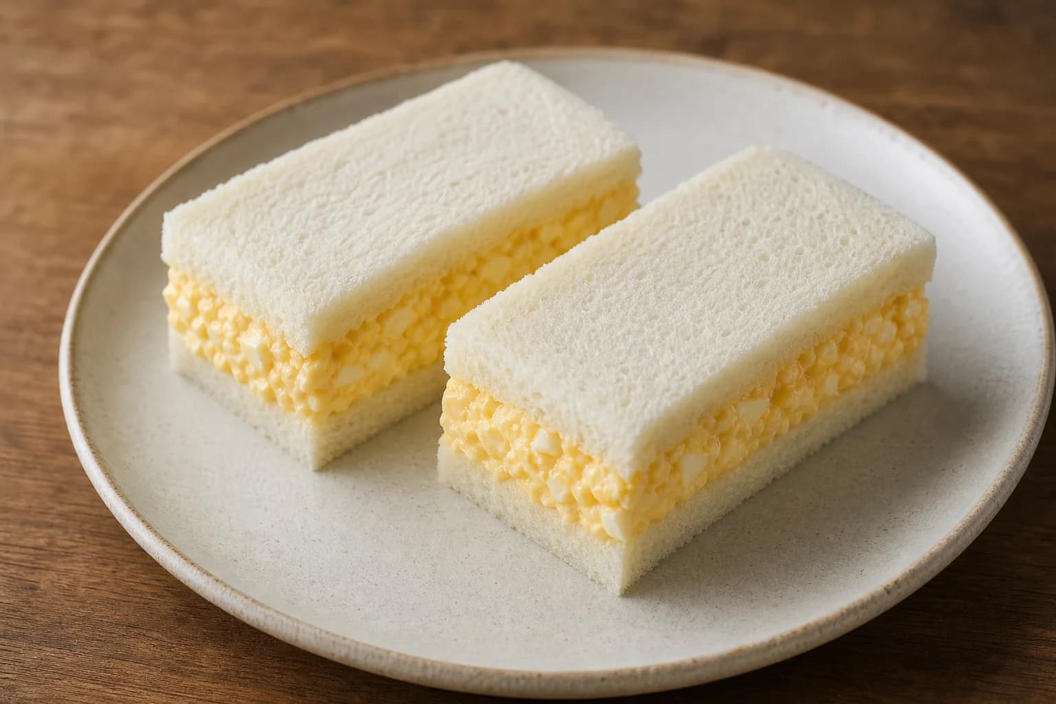 Japanese tamago sando cut into neat crustless rectangles with creamy yolk dressing and small tender egg-white pieces in pillowy shokupan.