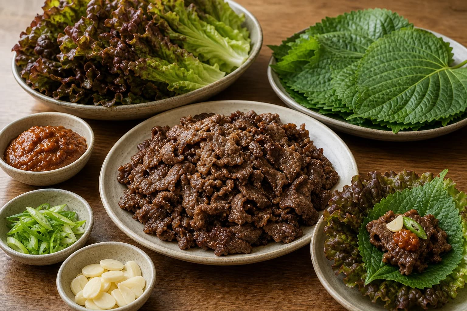 Korean bulgogi lettuce wraps with caramelized thin beef, separate dry lettuce and perilla leaves, ssamjang, garlic, and scallions.