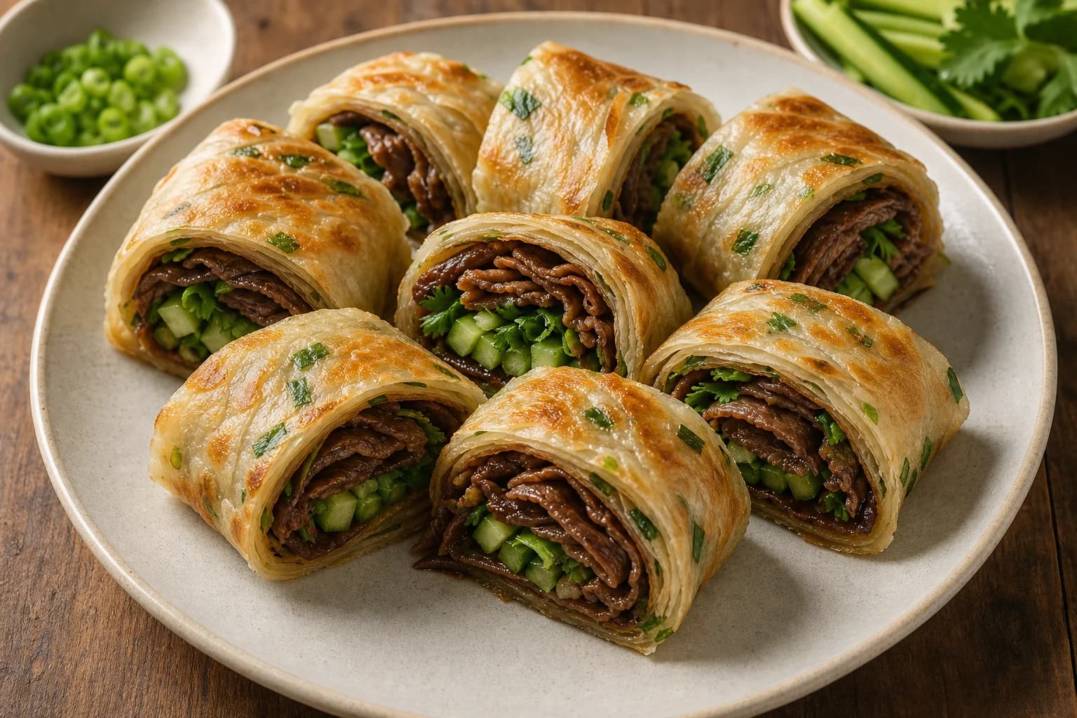 Taiwanese scallion beef rolls with flaky pancakes, thin braised beef, cucumber, cilantro, scallions, and hoisin, cut into neat pieces.