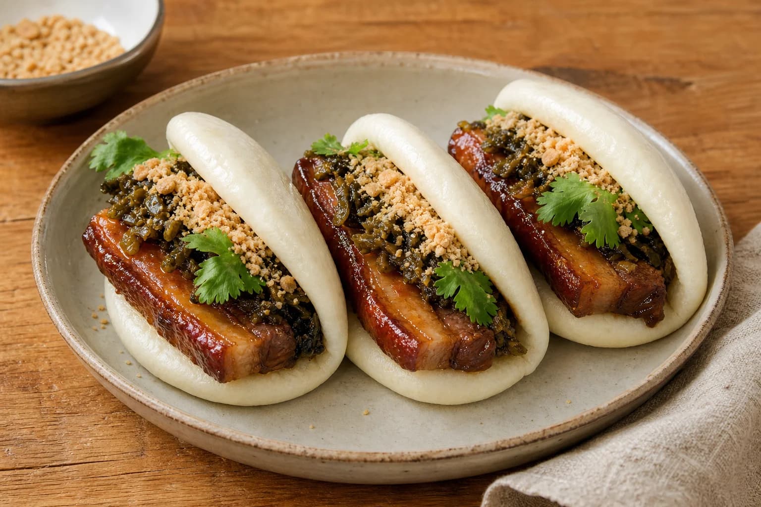 Taiwanese gua bao with white steamed buns, glazed pork belly, mustard greens, cilantro, and coarse peanut powder.