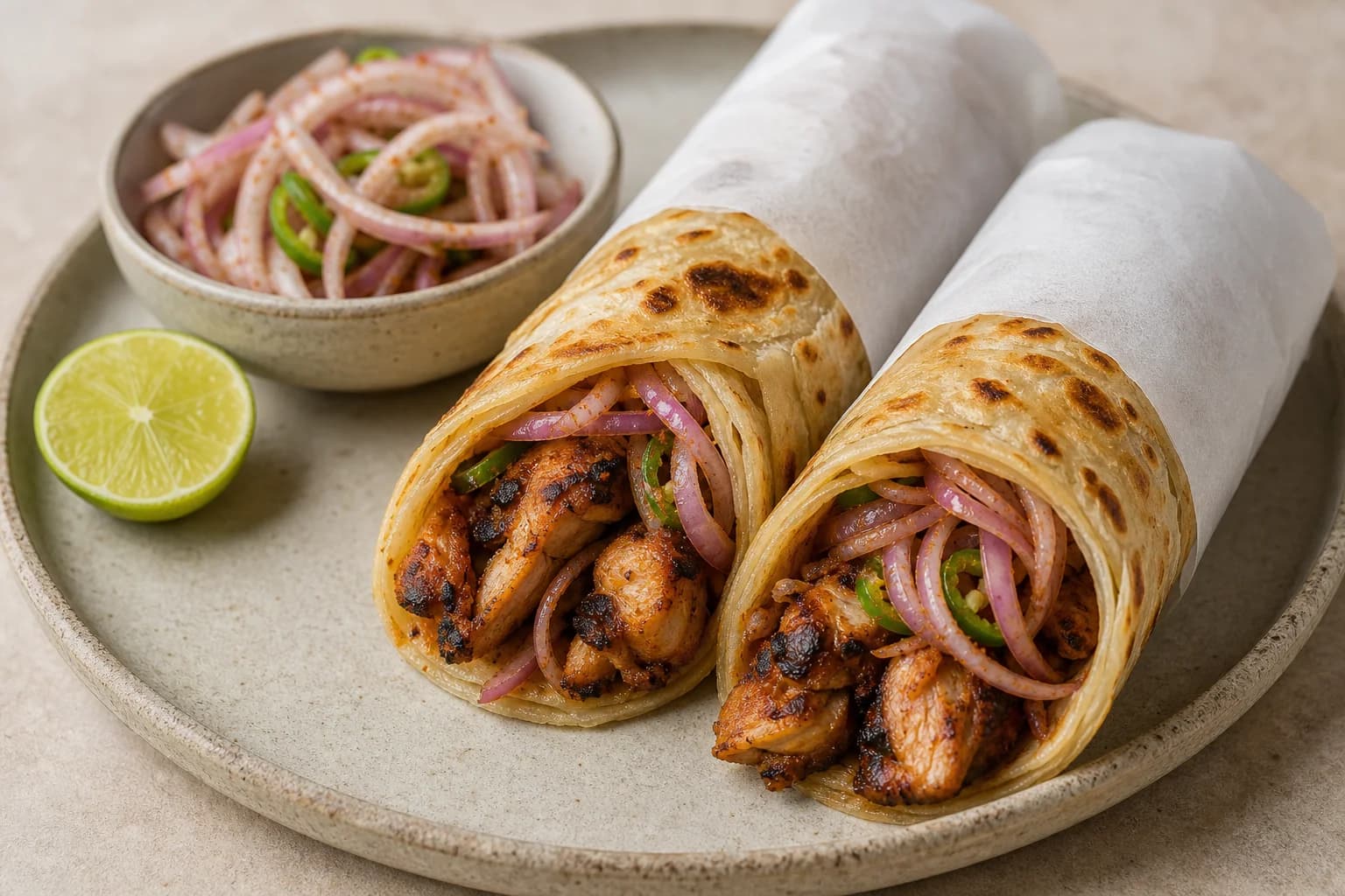 Kolkata chicken kathi rolls with flaky porota, charred spiced chicken, lime-dressed onion, green chile, and parchment wrappers.