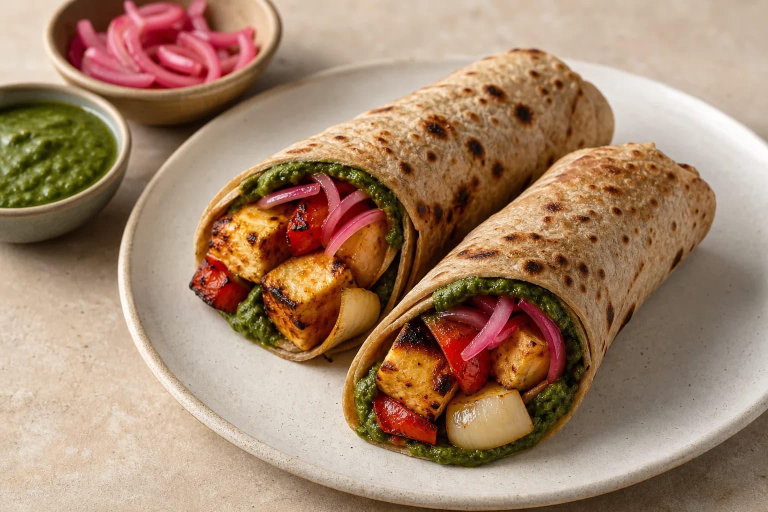 Indian paneer tikka wraps with charred paneer, peppers, onion, whole-wheat roti, green chutney, and pickled red onion.