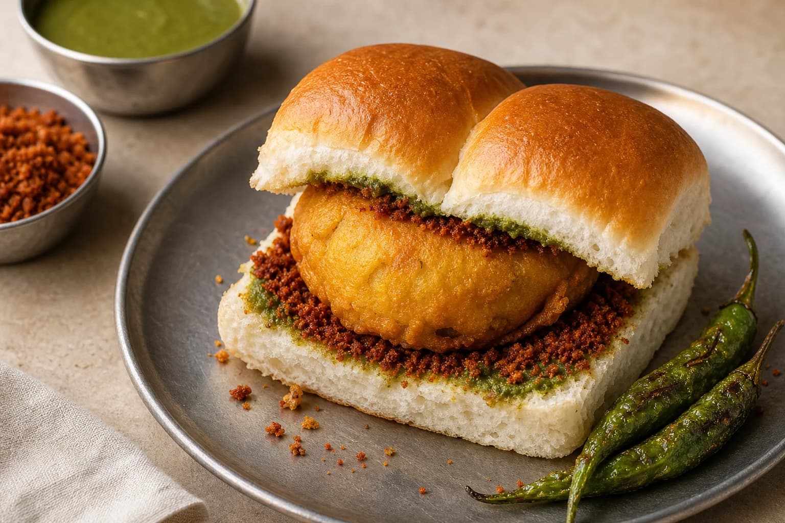 Mumbai vada pav with crisp golden potato fritters in soft pav, dry garlic chutney, green chutney, and fried green chiles.