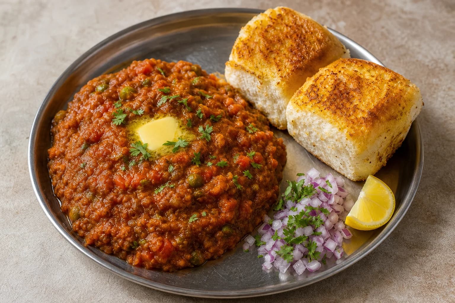 Mumbai pav bhaji with glossy spiced mashed vegetables, butter-griddled pav, red onion, cilantro, and lemon.