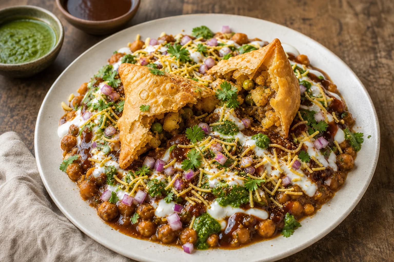 Indian samosa chaat with cracked blistered samosas, thick chickpeas, yogurt, green and tamarind chutneys, red onion, sev, and cilantro.