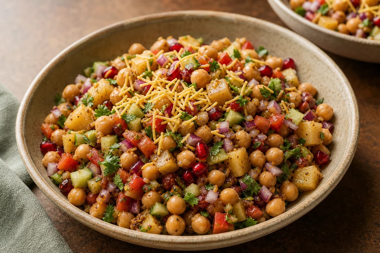 South Asian chana chaat with intact chickpeas, potato, tomato, cucumber, red onion, pomegranate, tamarind, cilantro, and sev.