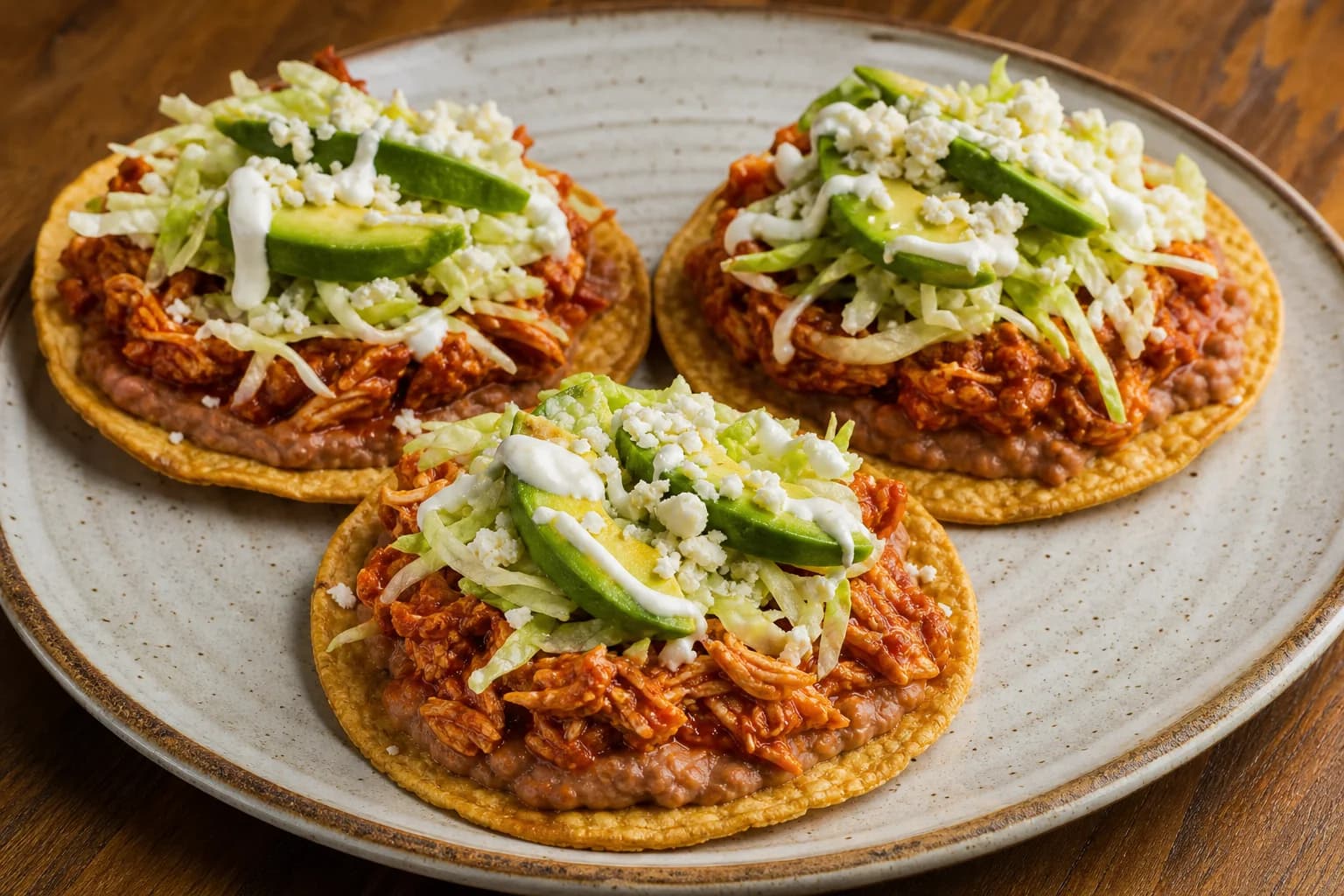 Mexican chicken tinga tostadas with crisp fried tortillas, beans, smoky tomato-chipotle chicken, lettuce, avocado, crema, and queso fresco.