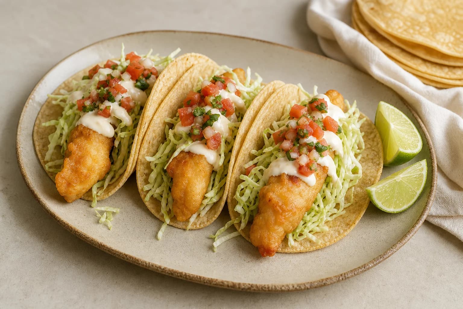 Baja fish tacos with golden battered fish, shredded cabbage, crema, salsa mexicana, and lime.