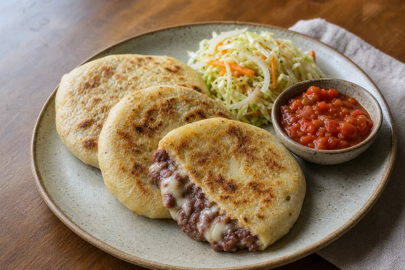 Cheese-and-bean pupusas with one cut open, served with curtido and red salsa.