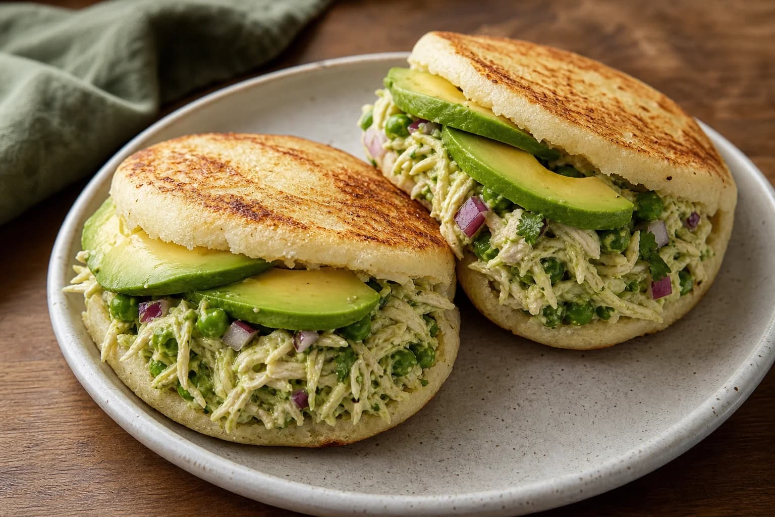 Venezuelan reina pepiada arepas with golden corn cakes filled with cool chicken-avocado salad, peas, cilantro, and avocado slices.