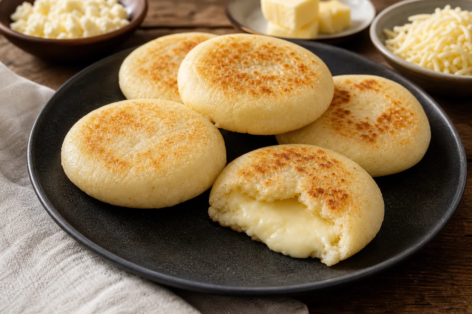 Colombian arepas con queso with crisp-spotted corn exteriors and molten white cheese centers.