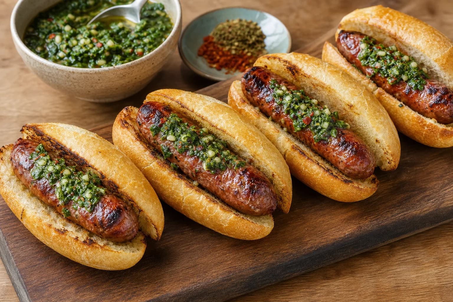 Argentine choripán with crisp grilled chorizo in crusty rolls and chunky parsley-garlic chimichurri.