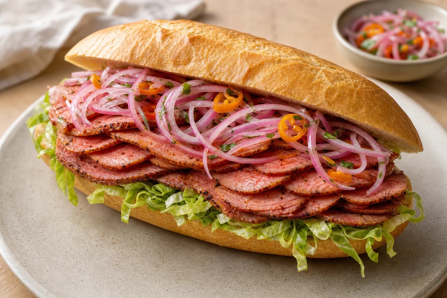Peruvian butifarra sandwich with thin jamón del país, salsa criolla, dry lettuce, and warm crusty bread.