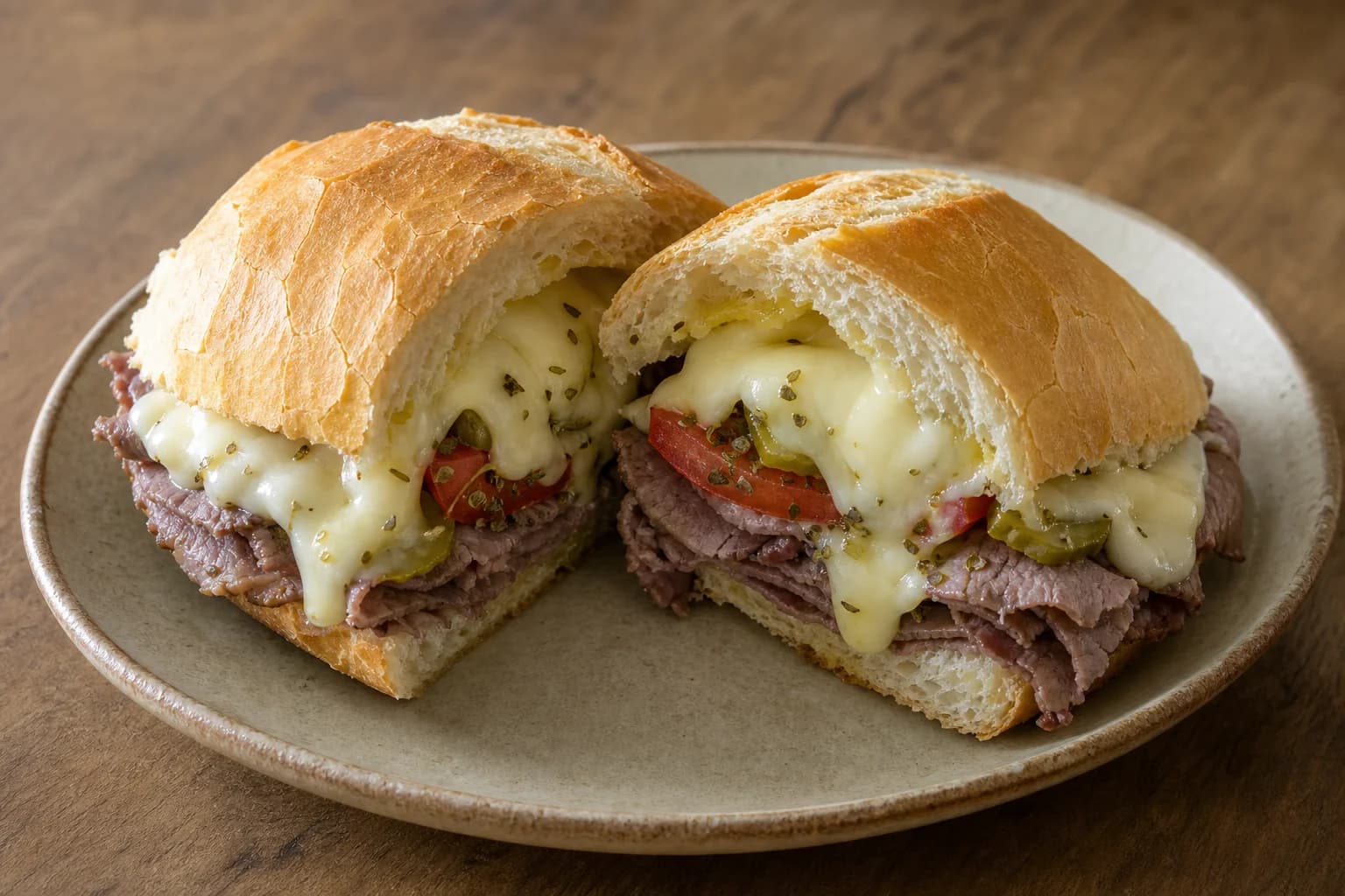 Original São Paulo Bauru sandwich with thin roast beef, tomato, pickles, oregano, and molten four-cheese blend in a hollowed crisp roll.